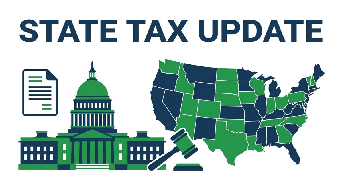 Illustration of a June 2026 multistate tax roundup — California apportionment at the Supreme Court, New York's enacted budget, and the BATSA federal nexus bill