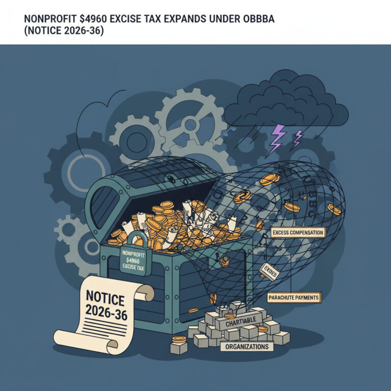 Illustration of the expanded IRC section 4960 21% excise tax on nonprofit executive compensation over $1 million under OBBBA and IRS Notice 2026-36