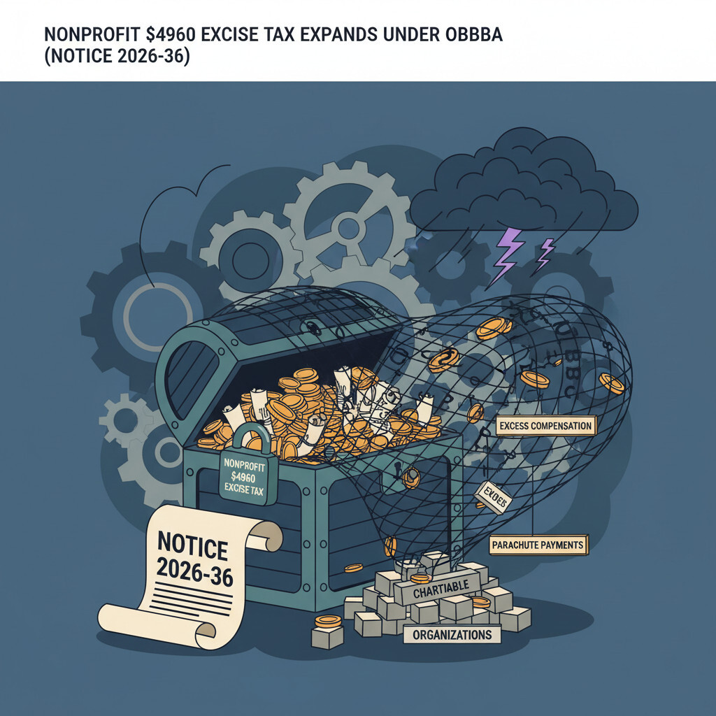 Illustration of the expanded IRC section 4960 21% excise tax on nonprofit executive compensation over $1 million under OBBBA and IRS Notice 2026-36