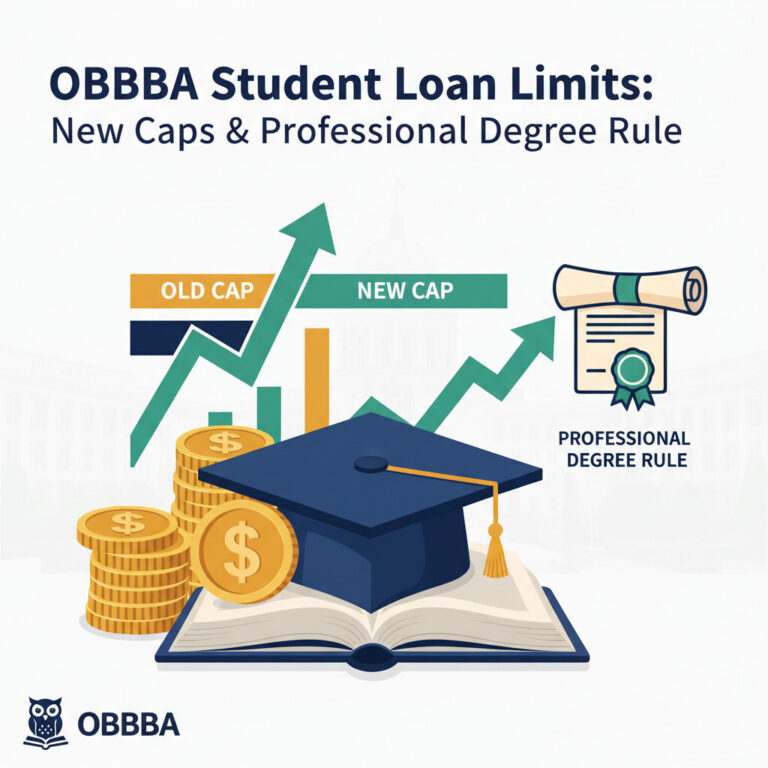 Illustration of OBBBA federal student loan limits and the Department of Education professional degree rule — $200K professional vs $100K other graduate caps, accounting excluded