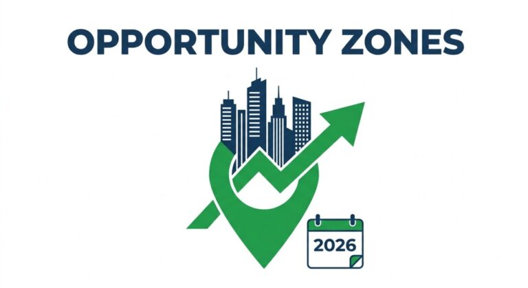 Illustration of Qualified Opportunity Zones under IRS Notice 2026-40 — a city skyline on a map pin with a 2026 calendar marking the deferred-gain inclusion deadline