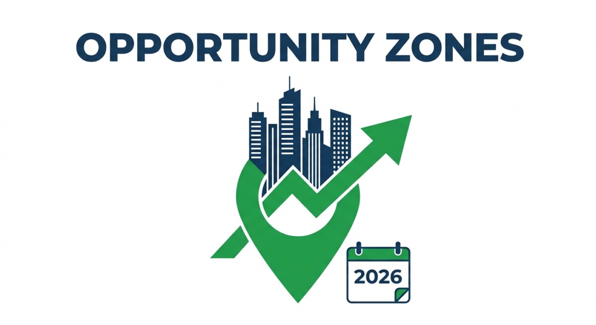 Illustration of Qualified Opportunity Zones under IRS Notice 2026-40 — a city skyline on a map pin with a 2026 calendar marking the deferred-gain inclusion deadline