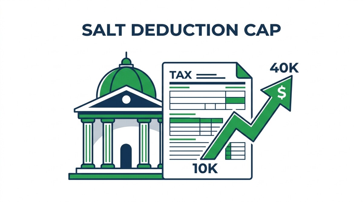 Illustration of the 2026 SALT deduction cap — courts upholding the cap while the One Big Beautiful Bill raises the limit from $10,000 to $40,000, with a phase-out above $500,000 of income