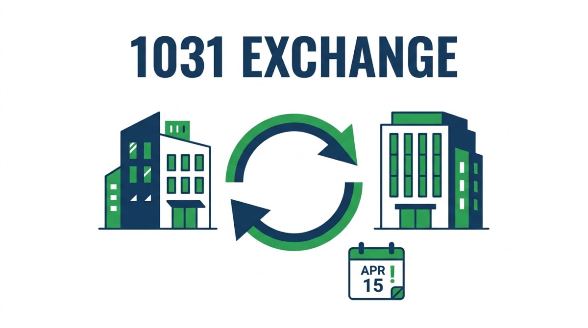 Illustration of a Section 1031 like-kind exchange — two investment buildings with a swap arrow and a deadline calendar showing the 45-day and 180-day rules