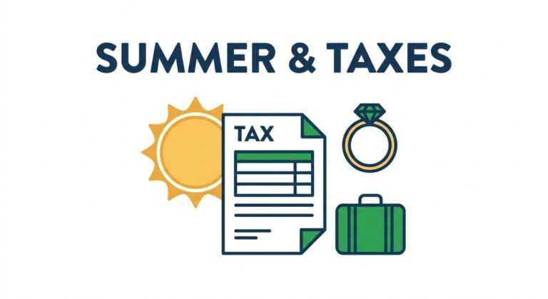 Illustration of summer activities that affect your tax return — day camp, marriage, gig work, business travel, and selling digital assets