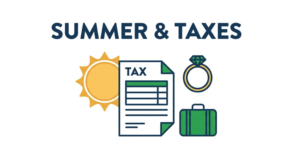 Illustration of summer activities that affect your tax return — day camp, marriage, gig work, business travel, and selling digital assets