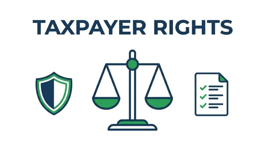 Illustration of the Taxpayer Bill of Rights — a scale of justice and shield representing the ten fundamental rights taxpayers have when dealing with the IRS