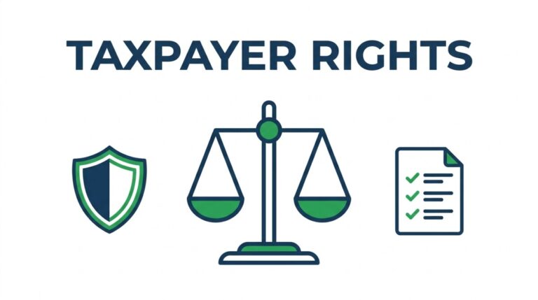 Illustration of the Taxpayer Bill of Rights — a scale of justice and shield representing the ten fundamental rights taxpayers have when dealing with the IRS