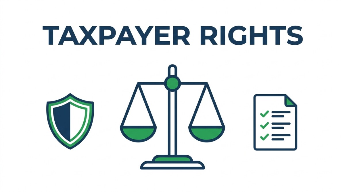 Illustration of the Taxpayer Bill of Rights — a scale of justice and shield representing the ten fundamental rights taxpayers have when dealing with the IRS