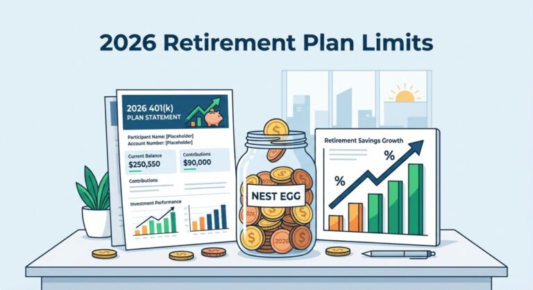 Illustration of 2026 retirement plan limits — a coin-filled nest egg jar, a rising chart, and a 401(k) statement