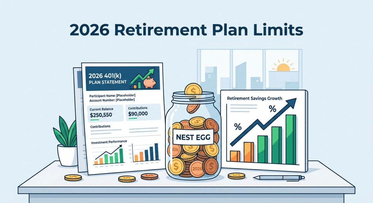 Illustration of 2026 retirement plan limits — a coin-filled nest egg jar, a rising chart, and a 401(k) statement