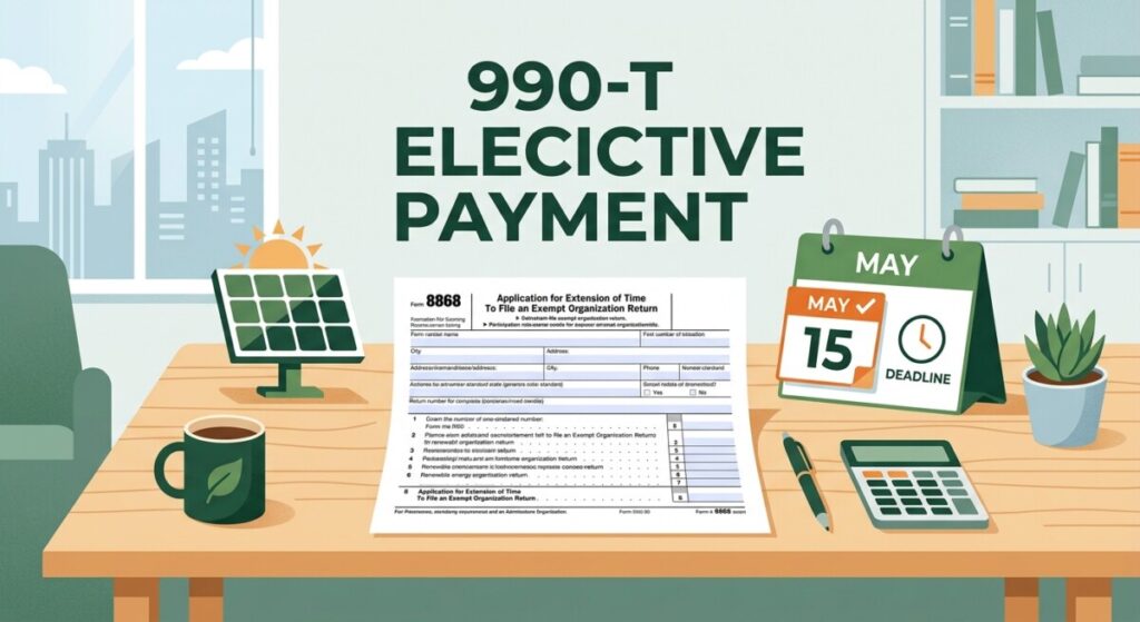 IRS Form 8868 extension for Form 990-T with solar panel icon and deadline calendar on a CPA firm desk