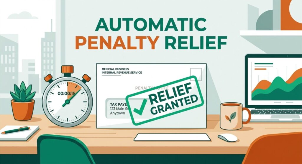 Illustration of IRS automatic penalty relief — an envelope stamped RELIEF GRANTED with a stopwatch on a clean desk