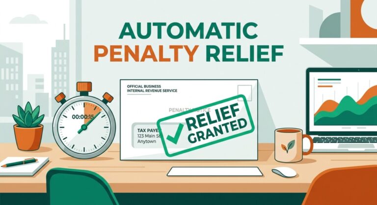 Illustration of IRS automatic penalty relief — an envelope stamped RELIEF GRANTED with a stopwatch on a clean desk