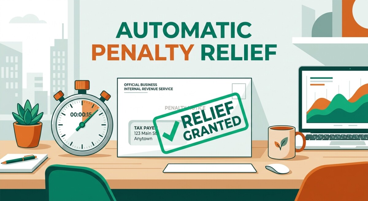 Illustration of IRS automatic penalty relief — an envelope stamped RELIEF GRANTED with a stopwatch on a clean desk