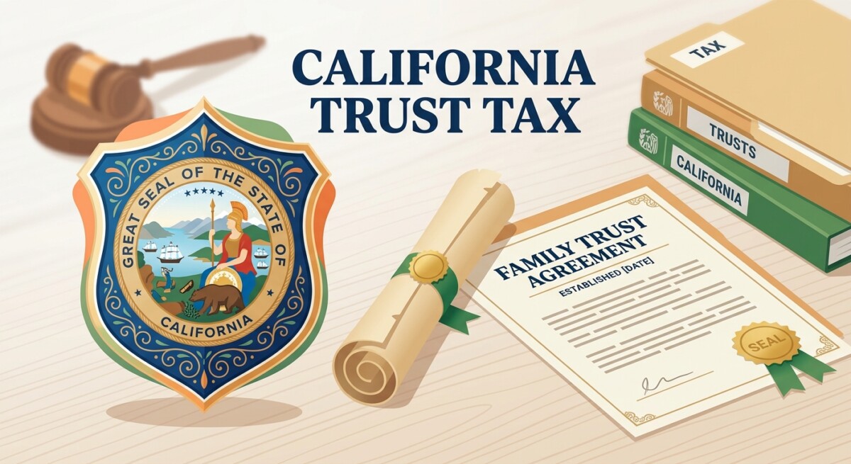 California discretionary trust tax — state-seal shield, trust document, gavel and tax folders