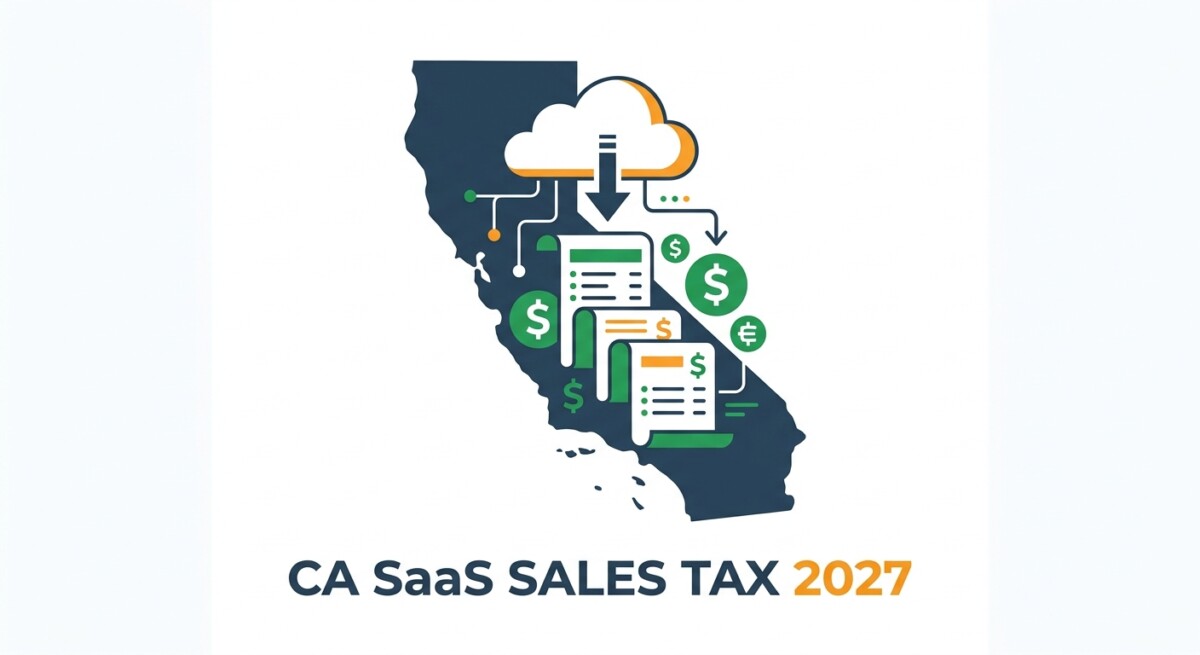 Illustration of the California SaaS sales tax under SB/AB 122 — a state outline with a cloud icon over a stack of receipts, green and orange accents
