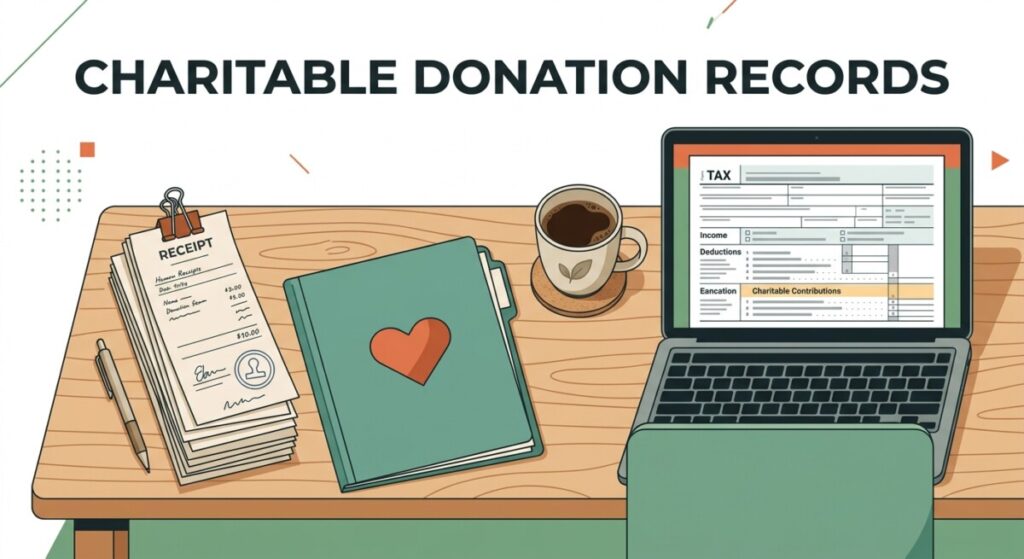 Illustration of charitable donation records — receipts, heart icon, and a laptop with a tax form outline on a wooden desk