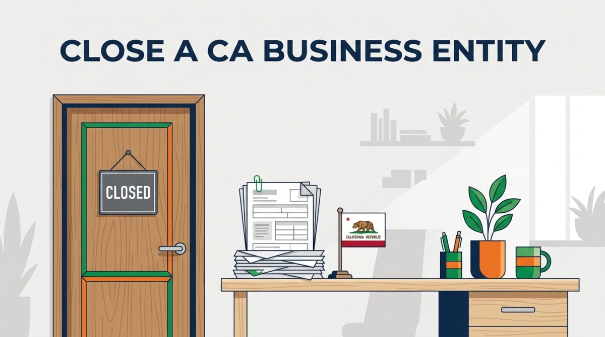 Illustration of closing a California business entity — closed office door, CA flag, final tax forms