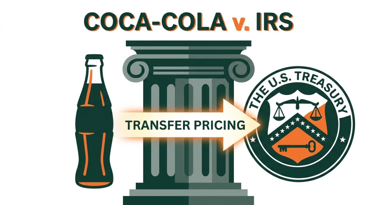 Illustration of the Coca-Cola v. IRS transfer pricing case — courthouse column, cola bottle silhouette, and Treasury seal