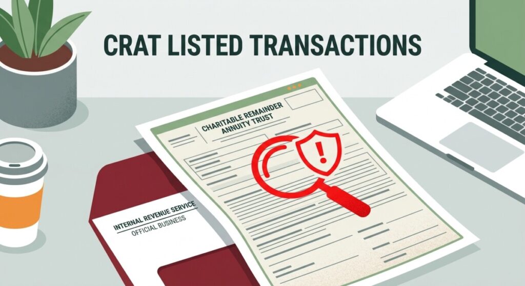 Illustration of CRAT listed transactions — a charitable trust document with a caution shield and magnifying glass over an IRS envelope