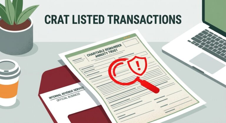 Illustration of CRAT listed transactions — a charitable trust document with a caution shield and magnifying glass over an IRS envelope