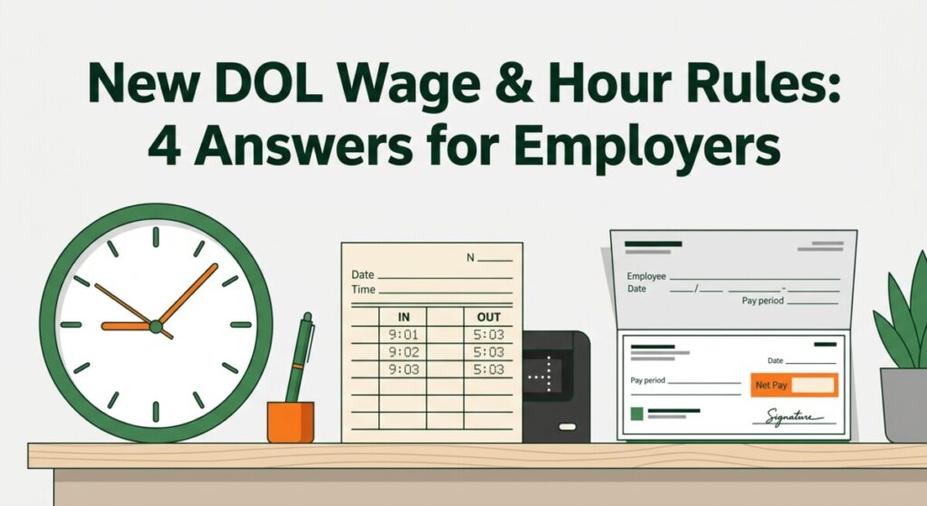 Illustration of DOL FLSA opinion letters — a wall clock, time card, and paycheck representing wage-and-hour rules
