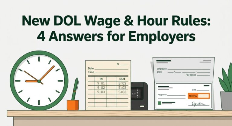 Illustration of DOL FLSA opinion letters — a wall clock, time card, and paycheck representing wage-and-hour rules
