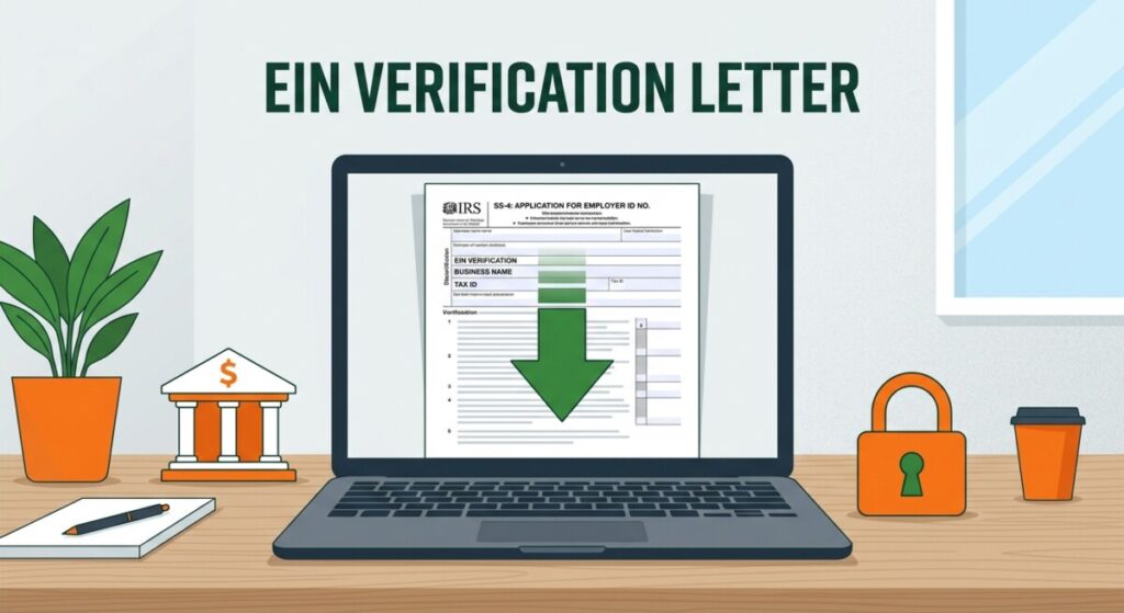 Illustration of an EIN verification letter being downloaded from the IRS Business Tax Account on a laptop