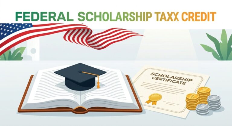 Illustration of the new Federal Scholarship Tax Credit — book, graduation cap, coins and scholarship certificate over a US flag ribbon