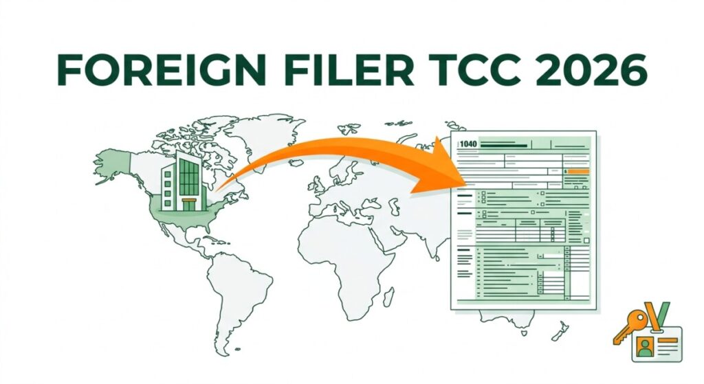 Illustration of Foreign Filer TCC 2026 — a world map with an arrow flowing from an overseas building into a U.S. tax form