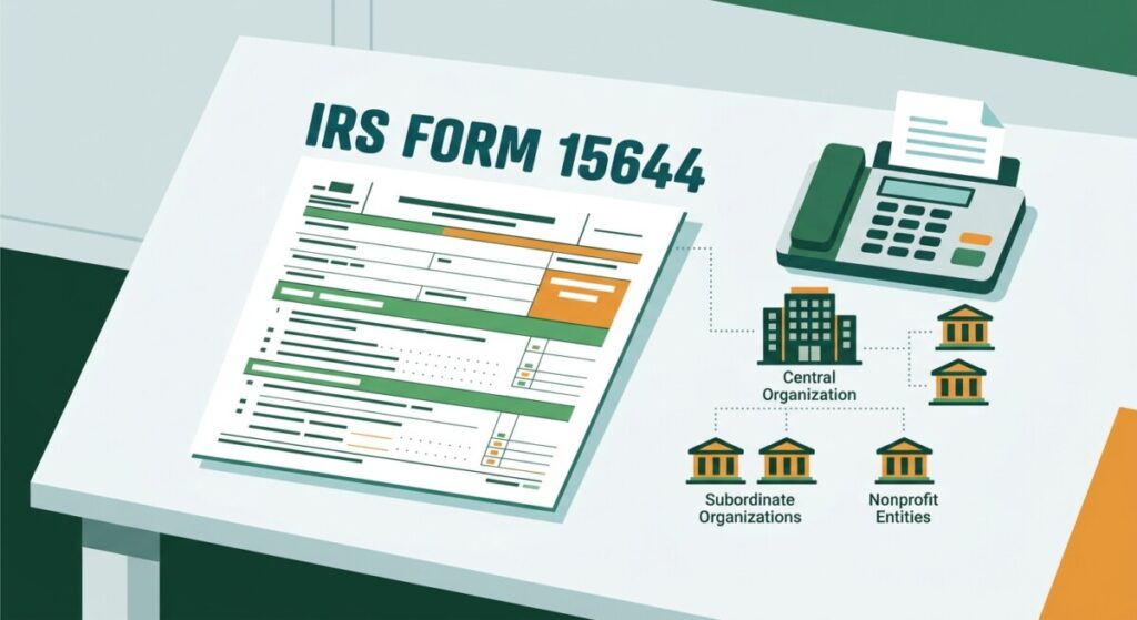 Illustration of new IRS Form 15644 with icons of a central nonprofit and subordinate organizations