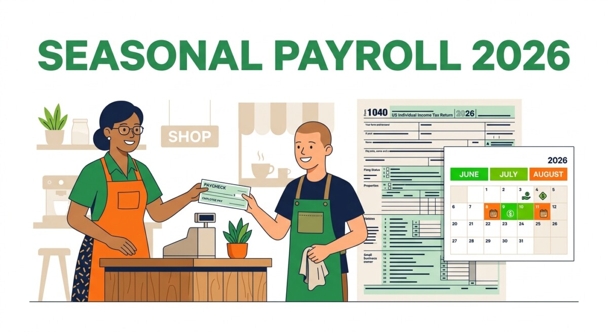 Illustration of a small business owner paying a summer seasonal employee alongside a Form 941 and a summer calendar