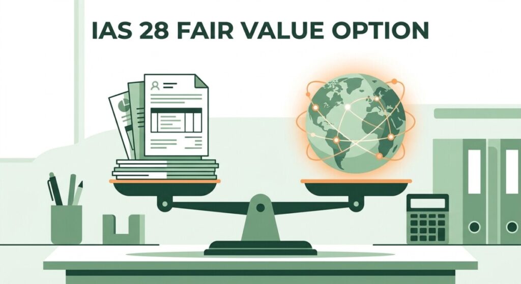 IAS 28 fair value option — balance scale weighing equity method against fair value under IFRS