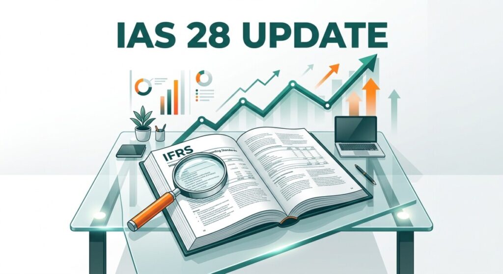Illustration of IAS 28 update — an open IFRS standard on a desk with a magnifying glass and a rising fair value chart