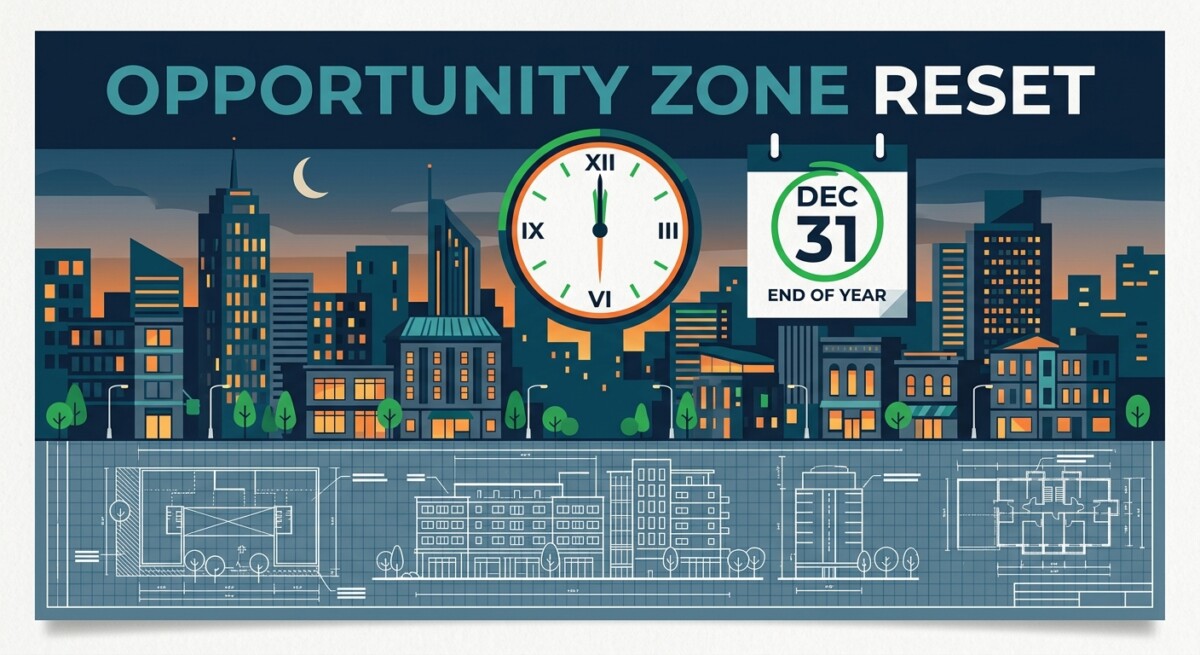 Illustration of the IRS Opportunity Zone transition — an urban skyline with a December 31 clock over a development blueprint