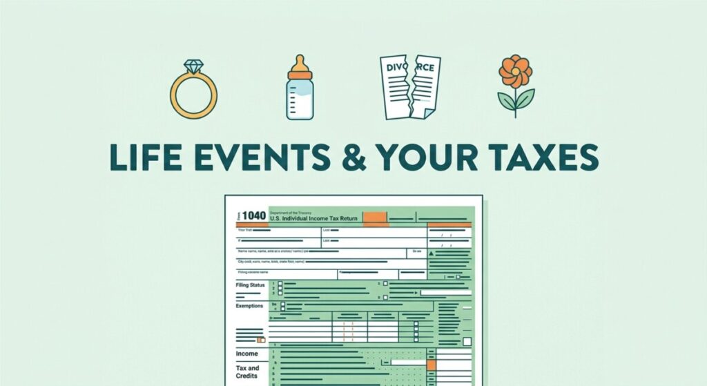 Illustration of major life events affecting a tax return — wedding, baby, divorce, and loss icons over a Form 1040