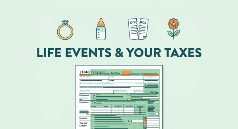 Illustration of major life events affecting a tax return — wedding, baby, divorce, and loss icons over a Form 1040