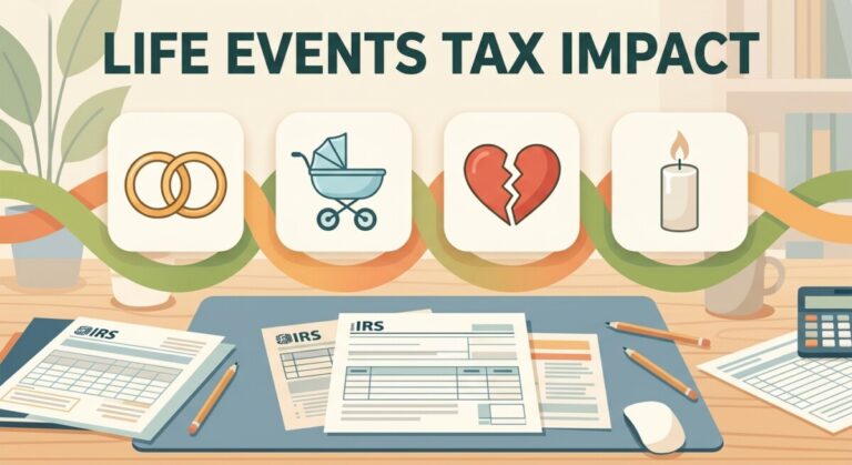 Illustration of major life events that affect a US tax return — marriage, a new baby, divorce, and the death of a spouse — over IRS-style paperwork