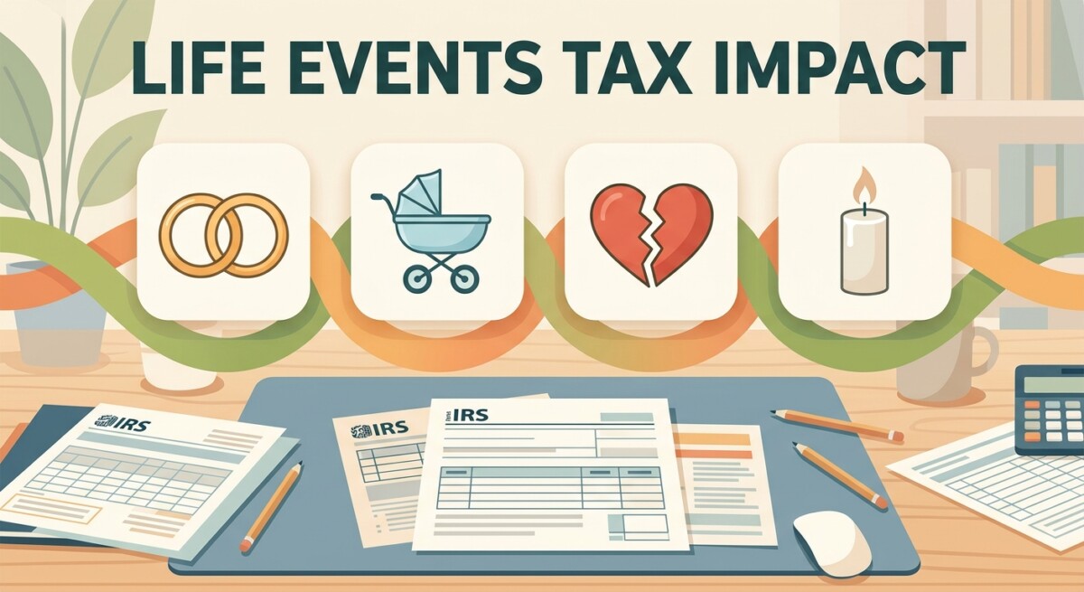 Illustration of major life events that affect a US tax return — marriage, a new baby, divorce, and the death of a spouse — over IRS-style paperwork