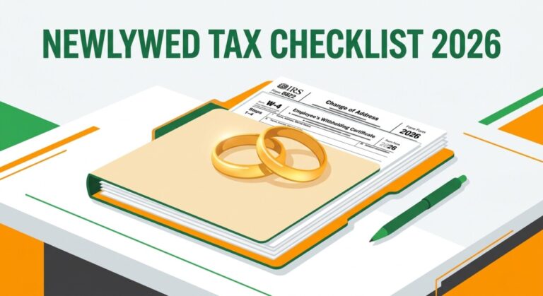 Newlywed tax checklist illustration — wedding rings on an IRS Form W-4 and Form 8822 folder