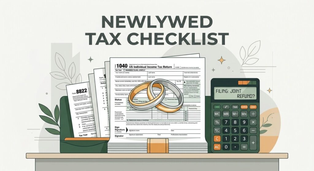 Newlywed tax checklist illustration — wedding rings on top of IRS tax forms with a calculator