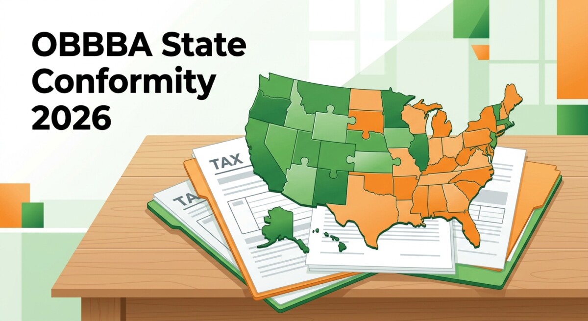 Illustration of OBBBA state conformity — a US map split into green and orange puzzle pieces over tax documents