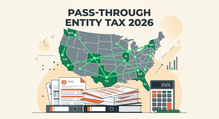 Illustration of pass-through entity tax planning in 2026 — a US map, state connections, and tax filings representing PTET SALT cap workaround analysis