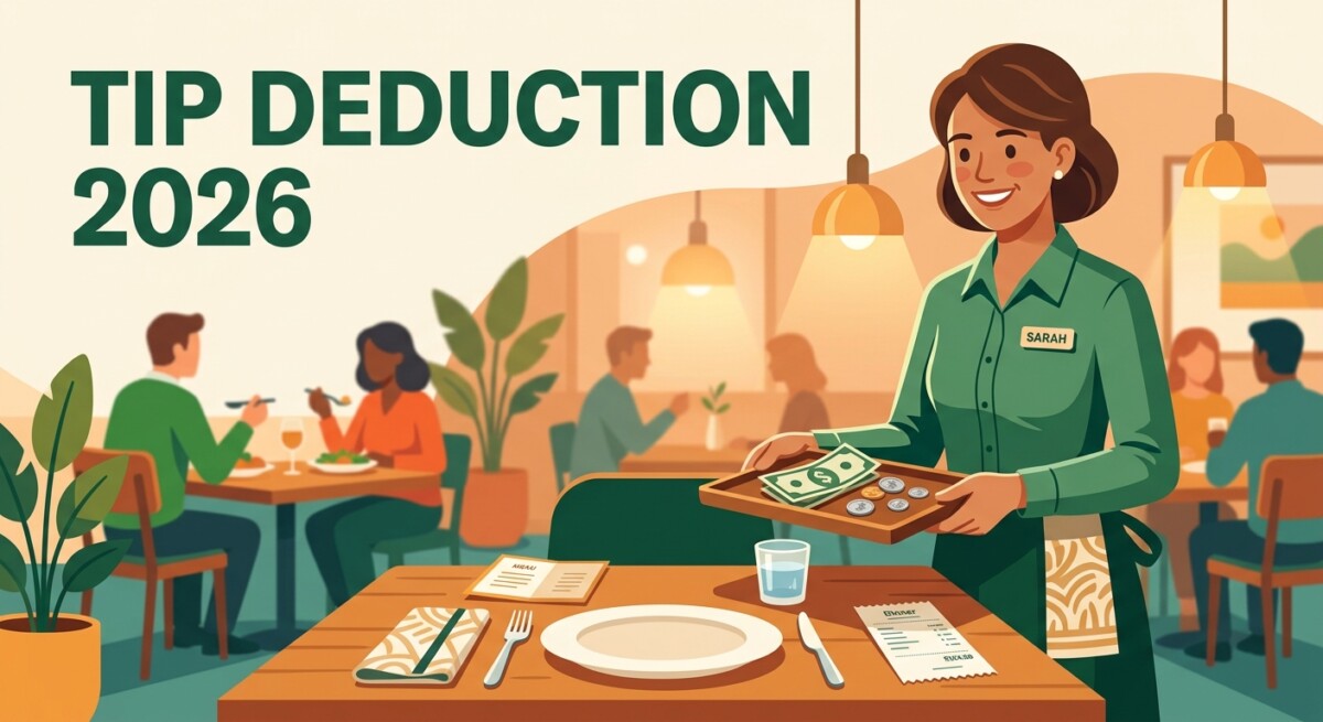 Illustration of the 2026 tip deduction — a server holding a tip tray with cash and receipts
