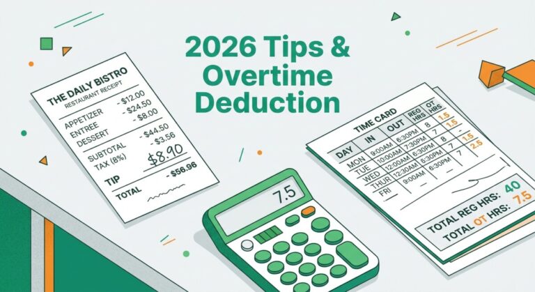 Illustration of the 2026 tips and overtime deduction — a tipped receipt, an overtime time card, and a calculator