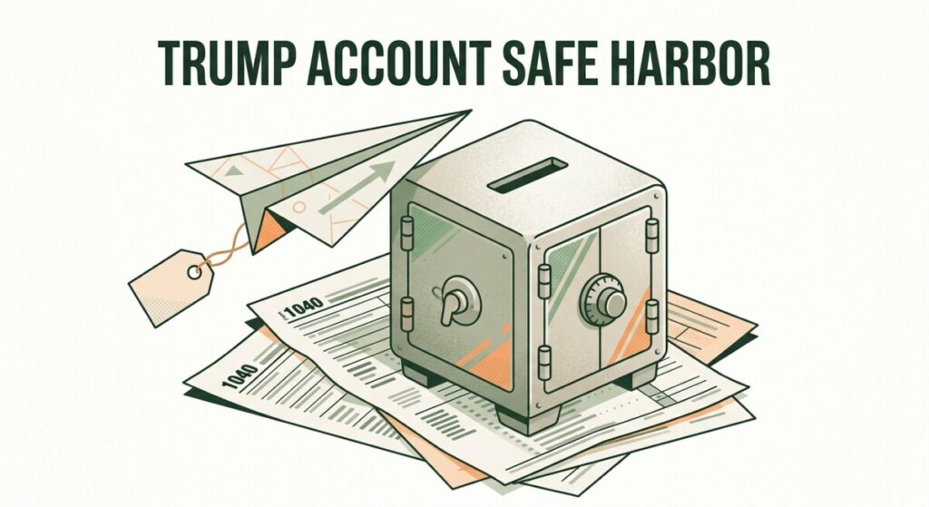 Illustration of a Trump Account gift tax safe harbor — a small treasury vault on IRS forms with a paper gift-tag airplane