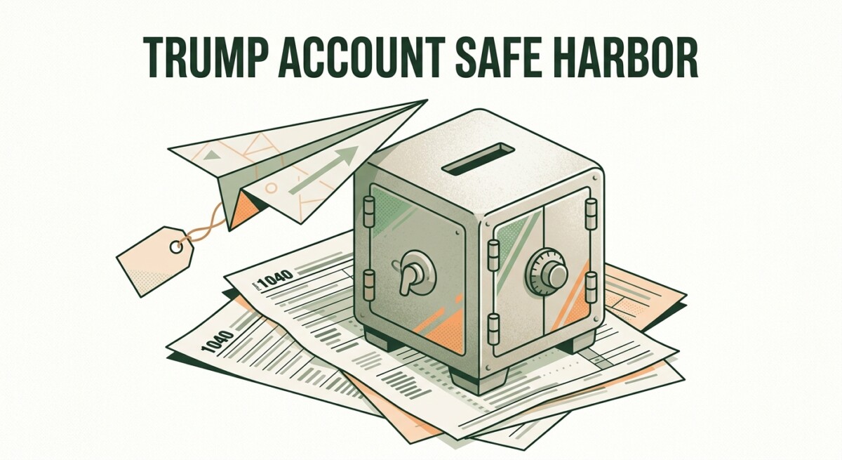 Illustration of a Trump Account gift tax safe harbor — a small treasury vault on IRS forms with a paper gift-tag airplane