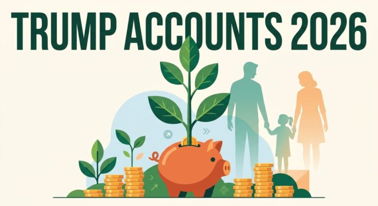 Illustration of a Trump Accounts guide — a growing sapling in a piggy bank with a family silhouette