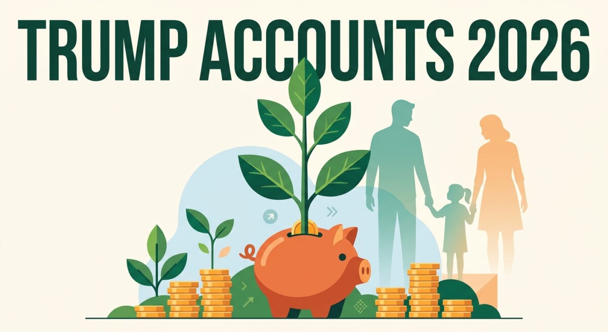 Illustration of a Trump Accounts guide — a growing sapling in a piggy bank with a family silhouette